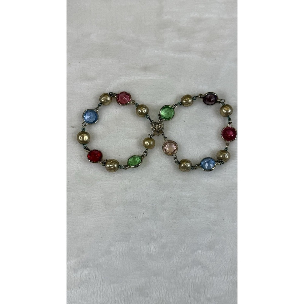 Vintage Multicolor Glass Stone Faux Pearl Bracelet Silver Tone Costume Jewelry